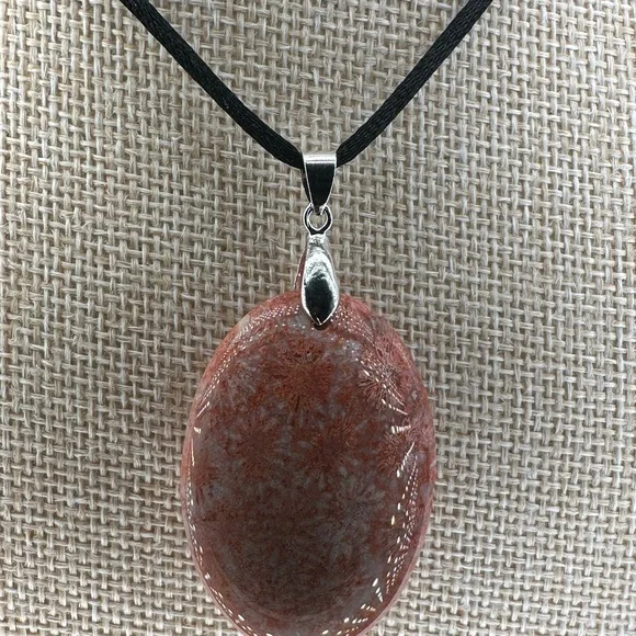 Orange and Pink/Lavender Coral Fossil Oval Pendant on Black Satin Rope - Picture 3 of 12